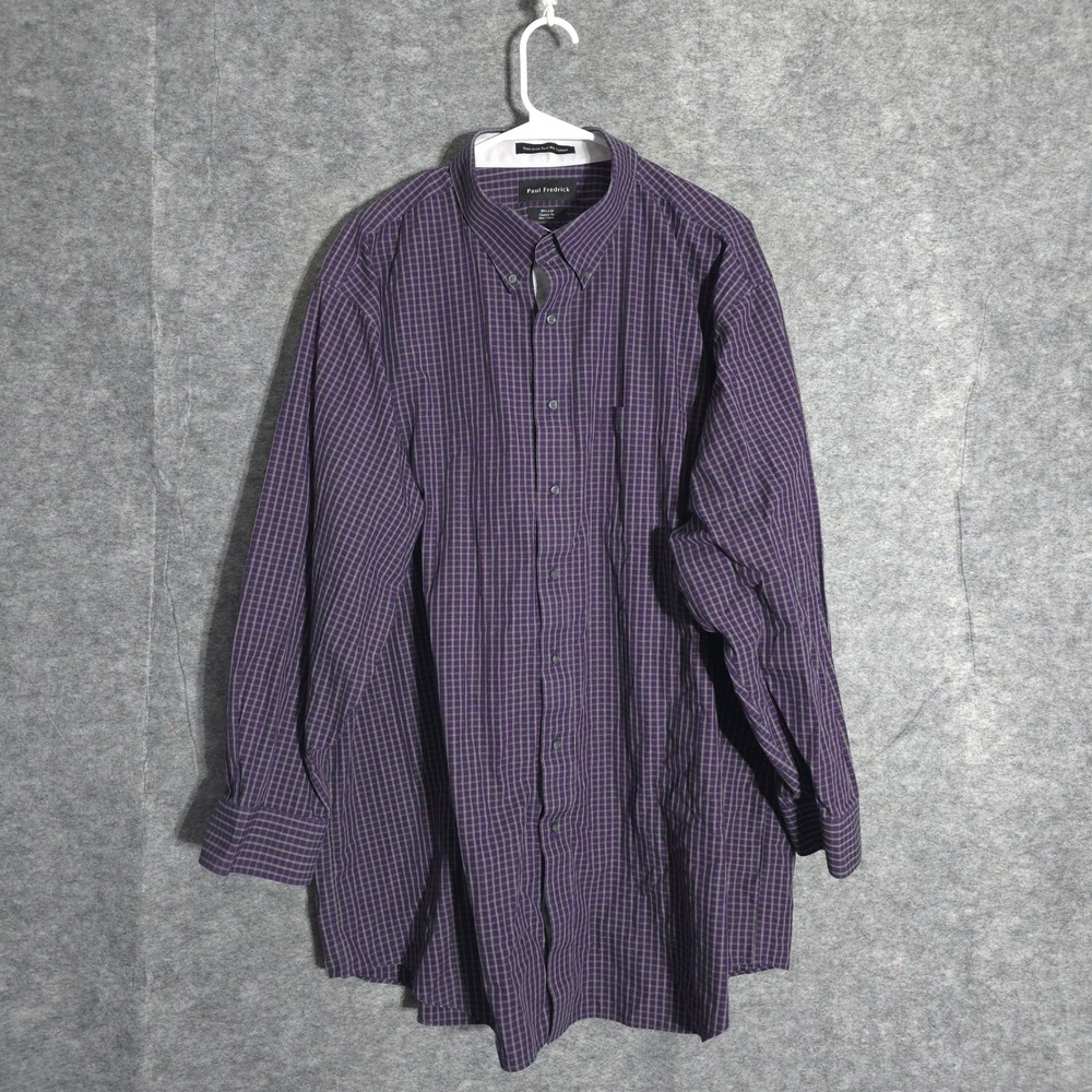 Paul Fredrick Dress Shirt Mens 18.5 34 Purple Check Non-Iron Classic Fit Cotton